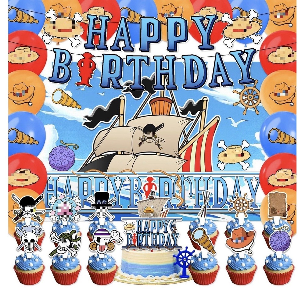 One Piece Theme Birthday Party Supplies Balloons, Banner, Backdrop, Cake Toppers
